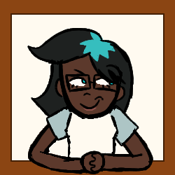 A drawing (by yours truly) of my persona, Fiona. (Yes, I have one of those.) She has glasses and cyan-to-black ombre hair, and is leaning over a saddle brown border frame thingamajig.